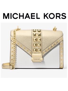 Michael Kors Whitney Studded Metallic Shoulder Crossbody Bag Gold White NWT $628